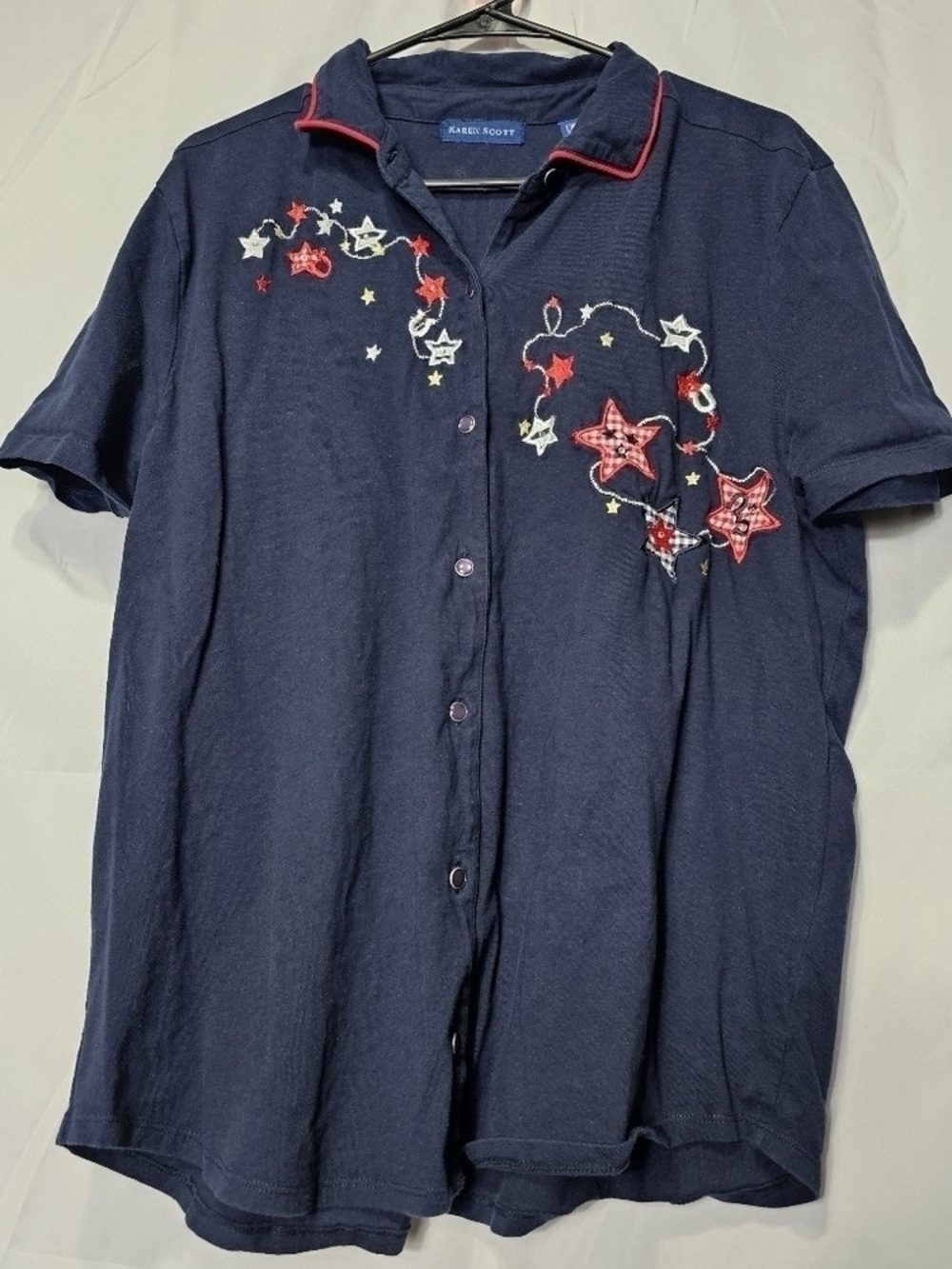 Karen Scott Navy Button-Down Shirt with Red & White Star Embroidery